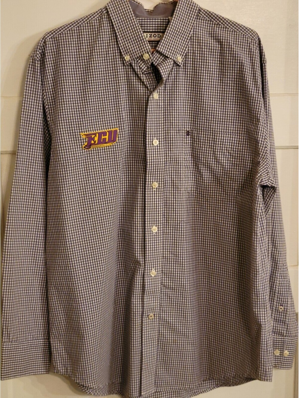 Izod Mens L Purple/White Plaid ECU Pirates Button-Down Shirt Cotton
